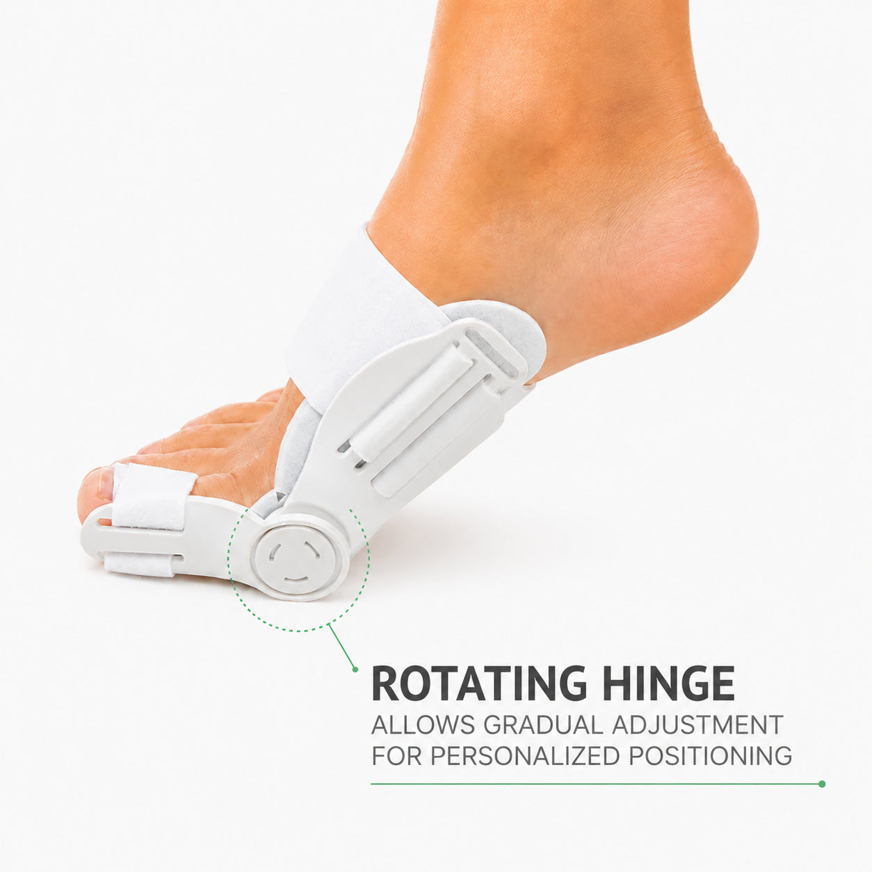 Stortåstöd vid hallux valgus med roterande led för justerbar positionering av stortån.