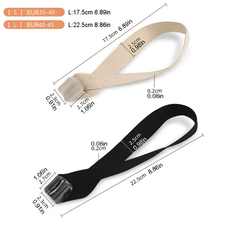 Tåseparator för hallux valgus i storlekar S och L, visar produktens exakta mått i centimeter och tum.