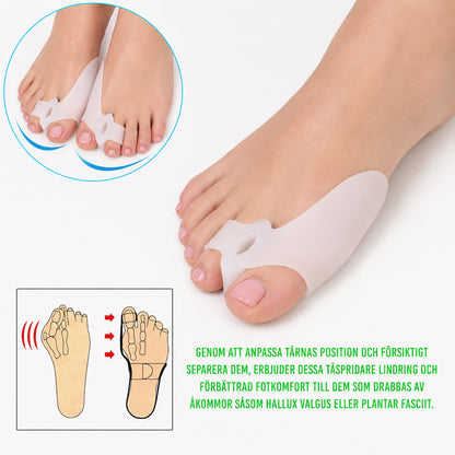 Silikon tåspridare mot hallux valgus som hjälper till att separera tårna och ge ökad komfort och stöd för framfoten.