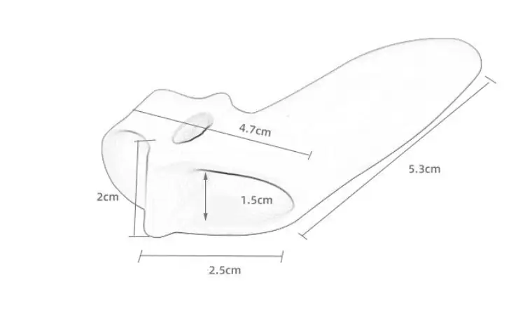 Måttbild av silikon tåspridare mot hallux valgus som visar längd, bredd och höjd.