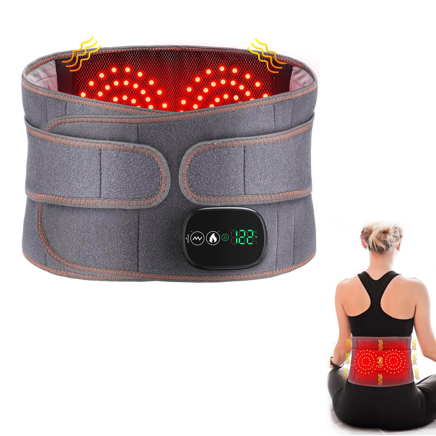 Kvinna som använder ett trådlöst värmebälte för rygg och midja med rödljusterapi, massage och digital kontrollpanel