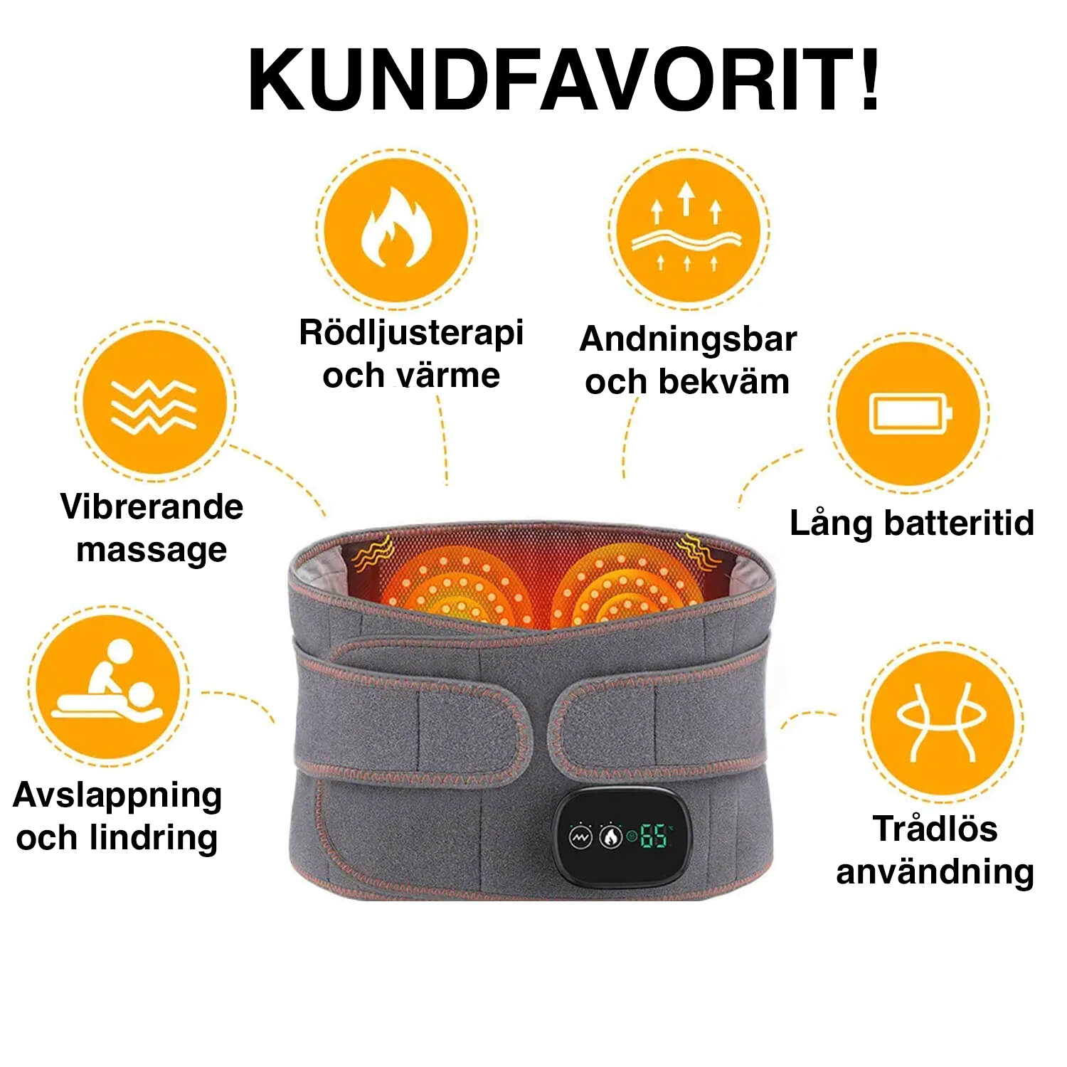 Trådlöst värmebälte för rygg och midja med rödljusterapi, vibrerande massage, lång batteritid och trådlös användning