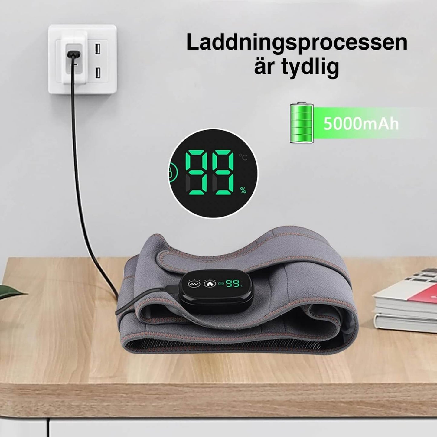 Trådlöst värmebälte med rödljus och massage, visas under laddning med 5000 mAh batteri och digital display