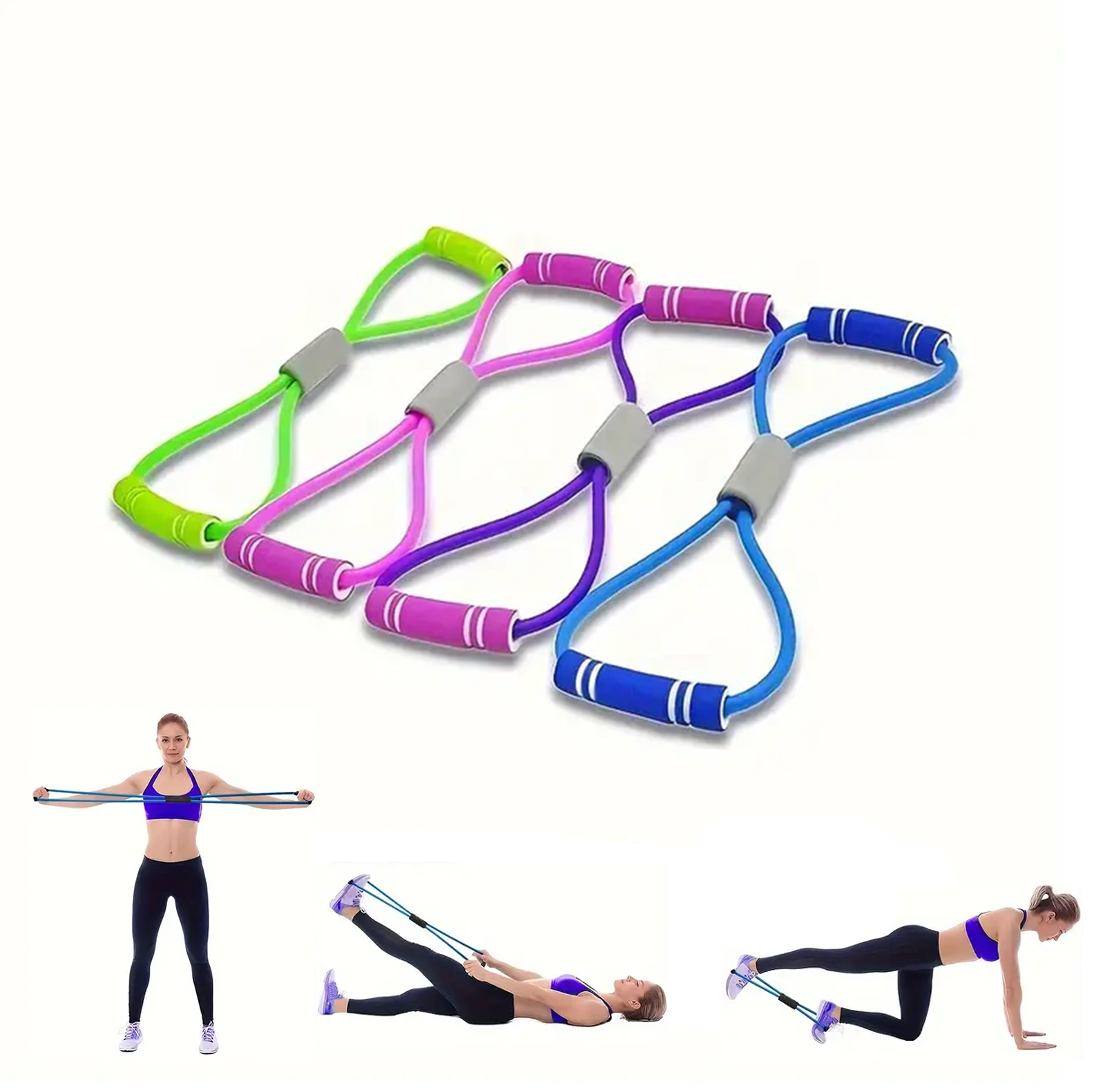 Träningsband med handtag i fyra olika färger.