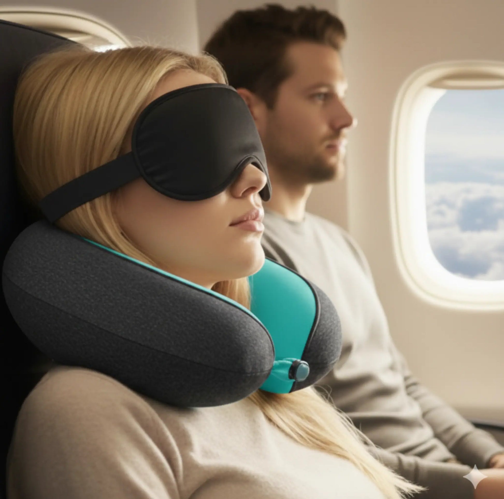 Person som vilar på flygplan med U-formad resekudde, ögonmask och nackstöd i sittande läge