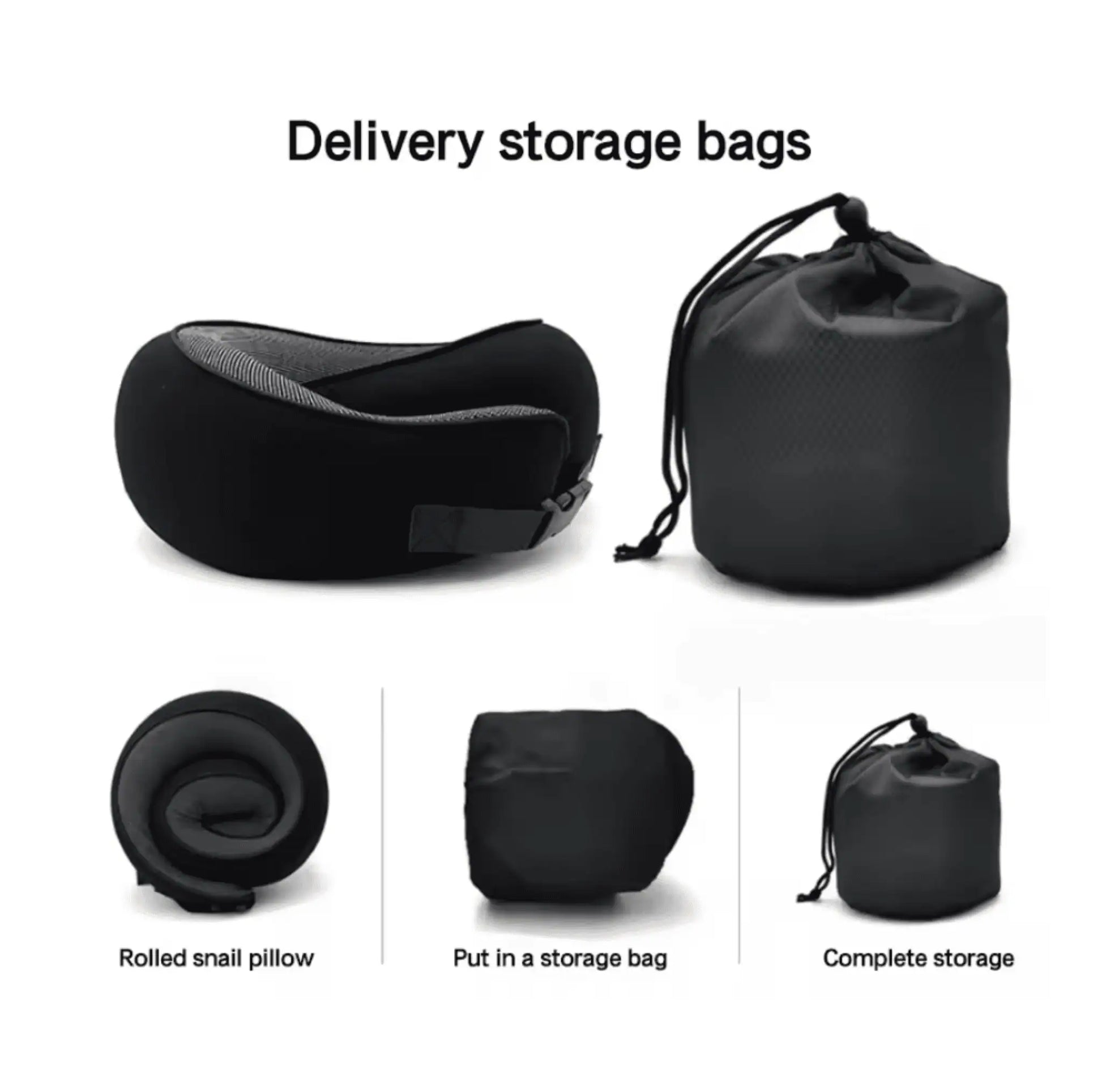 U-formad resekudde i svart färg tillsammans med förvaringspåse för enkel transport