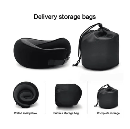 U-formad resekudde i svart färg tillsammans med förvaringspåse för enkel transport