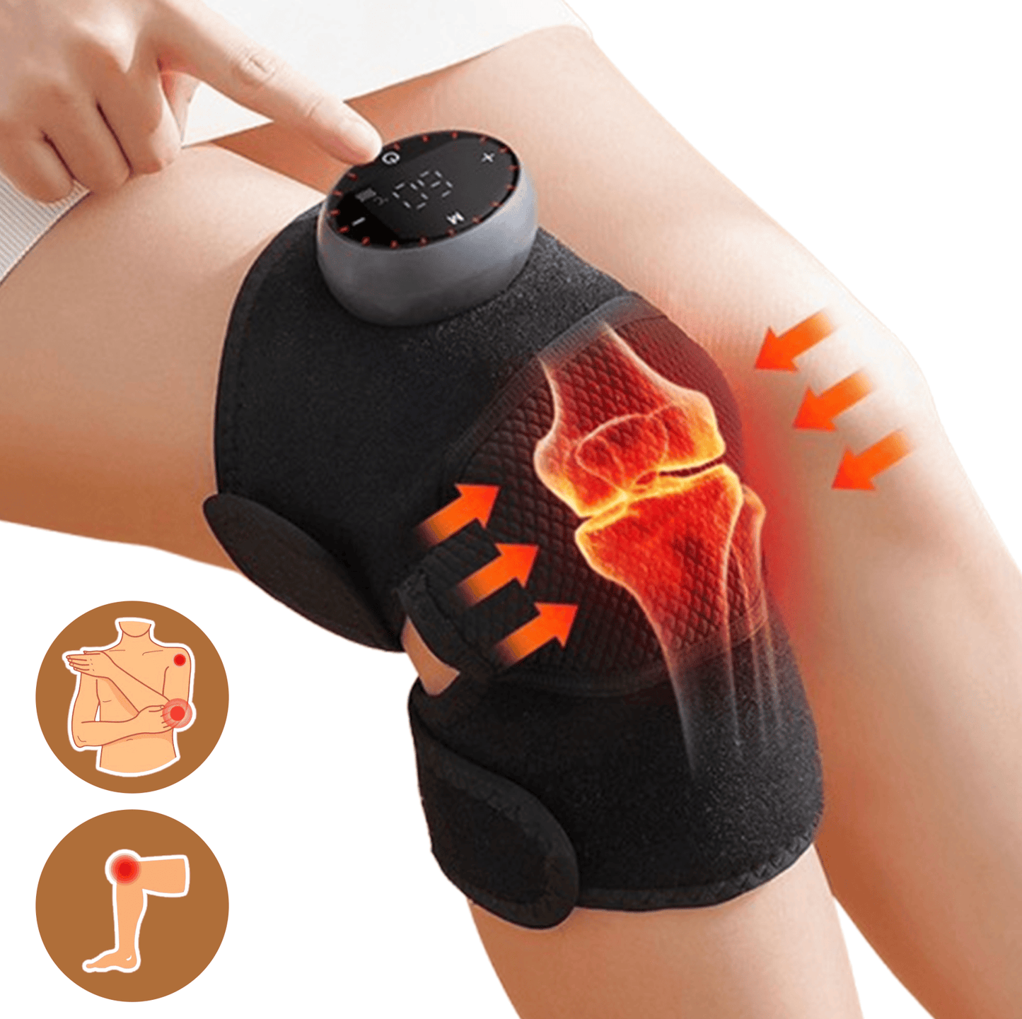 Värme- och massagestöd för knä med justerbara värmenivåer och massagefunktion som lindrar smärta och stelhet