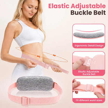 Justerbart rosa värmebälte med elastiskt spänne och flexibel passform runt midjan.