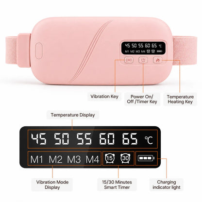 Display och kontrollknappar på värmebälte med temperatur, vibration, timer och batteriindikator.