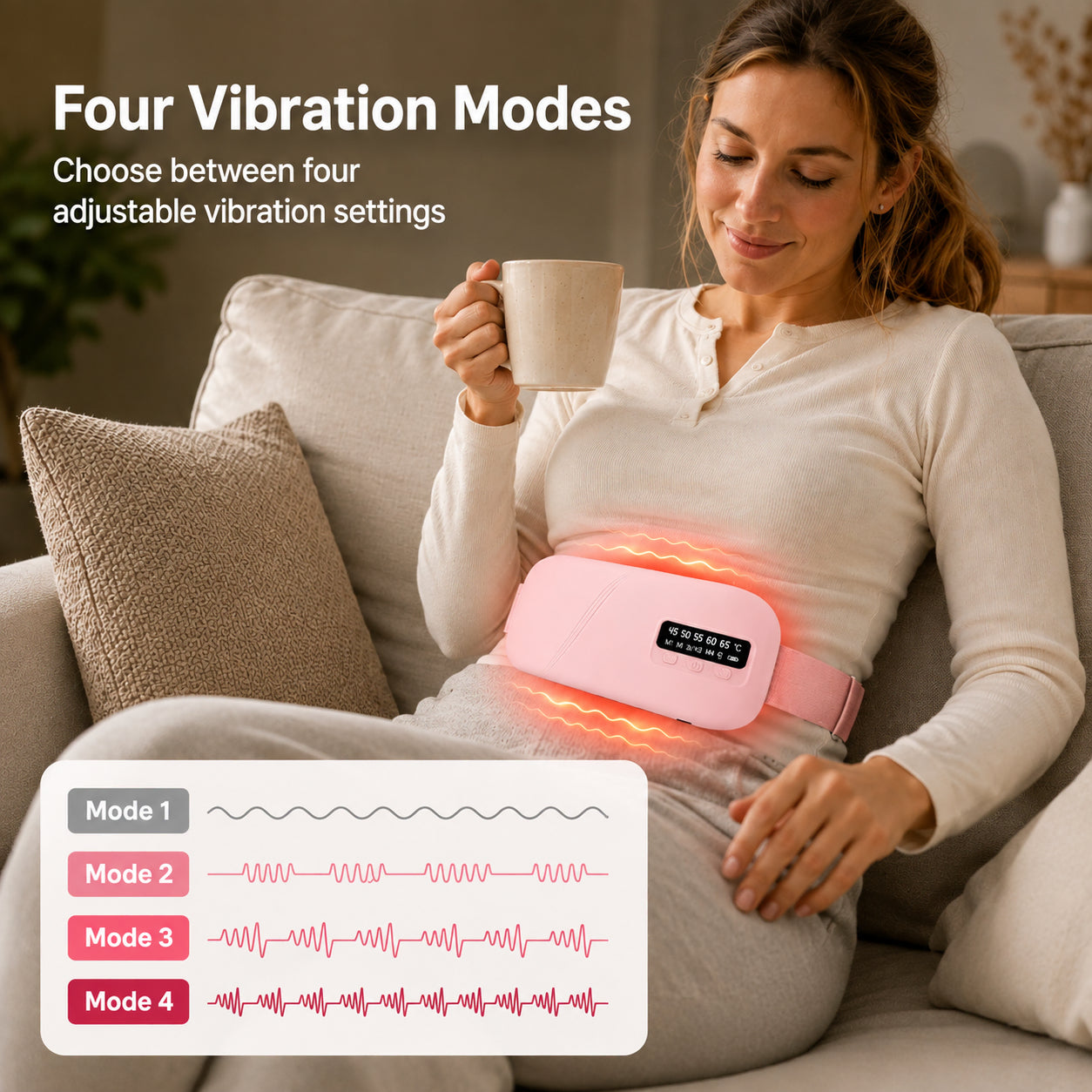 Kvinna använder rosa värmebälte med fyra justerbara vibrationslägen.