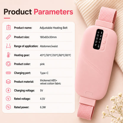 Rosa justerbart värmebälte med produktspecifikationer, temperaturnivåer och USB-C-laddning.