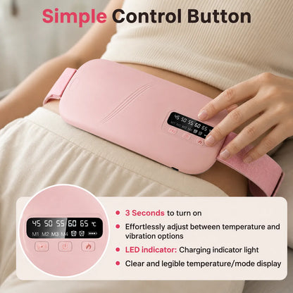 Kontrollpanel på rosa värmebälte med temperatur- och vibrationsinställningar.
