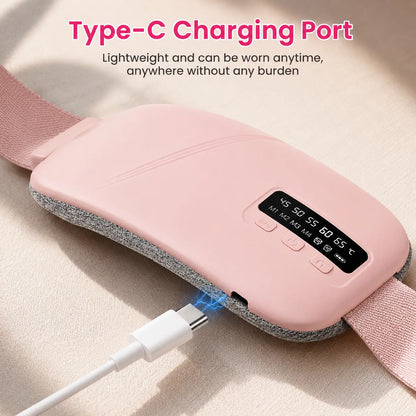 Rosa värmebälte med USB-C-laddning och digital temperaturdisplay.