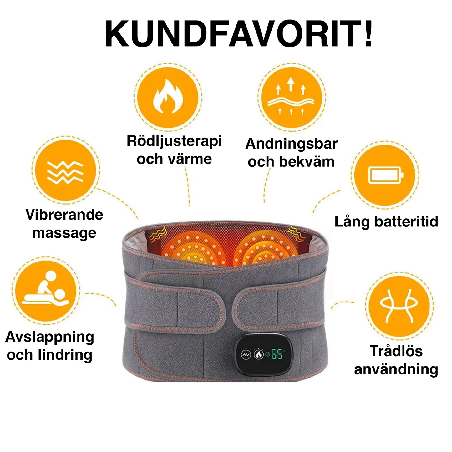 Trådlöst värmebälte med massage för rygg & midja – Rödljusterapi, lång batteritid & justerbar värme