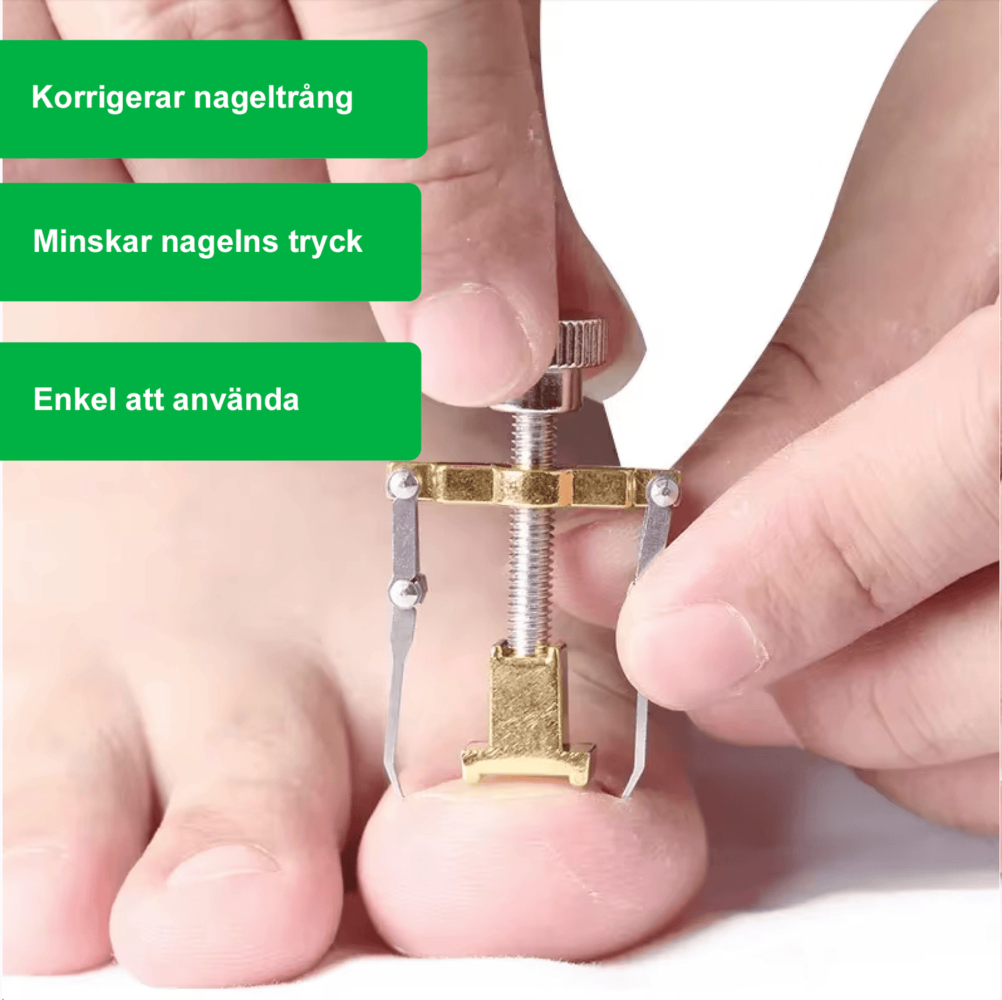 Verktyg som korrigerar nageltrång applicerat på stortån, med text som beskriver fördelar.